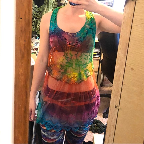Tie dye crochet beach cover up lace top rainbow - Picture 6 of 8